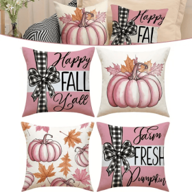 4Pcs Pillow Covers 18x18In Pumpkin Maple Leaf Throw Cushion Cover Happy Fall Pillow Cushion Case For Thanksgiving Sofa Couch Bedroom Home Office Farmh