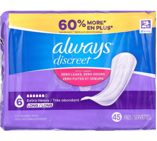Always Discreet Incontinence Pads, Extra Heavy Absorbency, Long Length, 45 CT