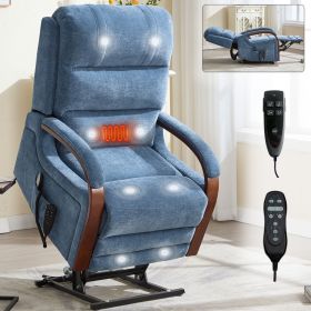 Power Blue Chenille Lift Recliner Chair Dual Motor Infinite Position Up to 350 LBS with Solid Wood Armrests