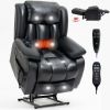 Dual Motor Infinite Position Up to 350 LBS Electric Medium size Genuine Leather Black Power Lift Recliner Chair with 8-Point Vibration Massage and Lum